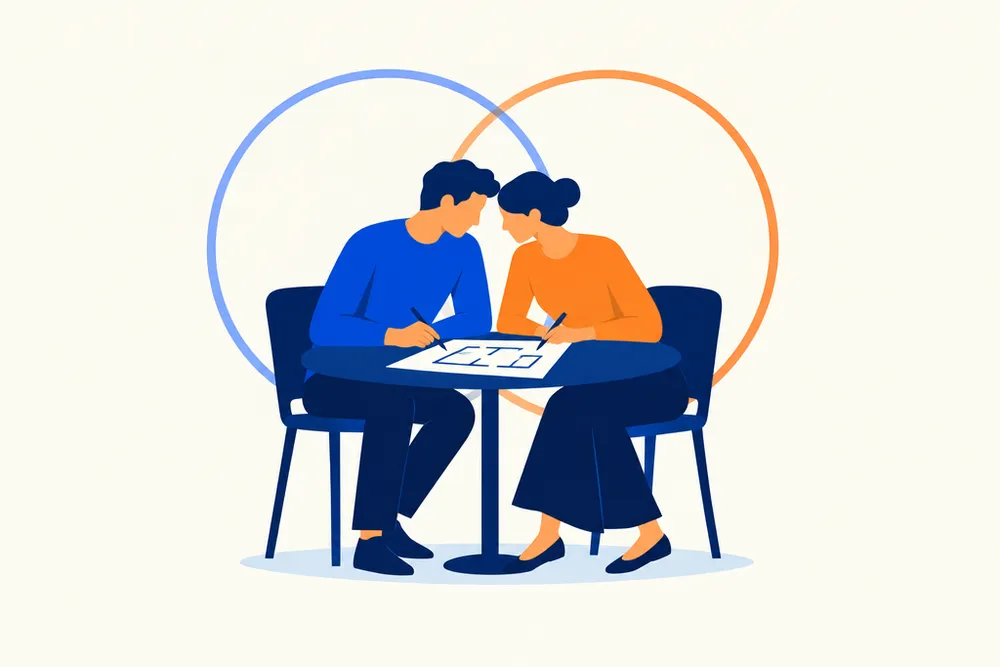 A couple sketching a plan together at one table